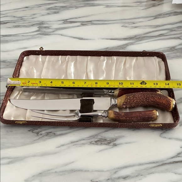 Vintage Cooper Bros & Sons Sheffield England Stag Antler Handle Carving Set; 3pc - Picture 14 of 15